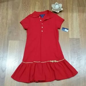 Ralph Lauren red dress with gold detail.